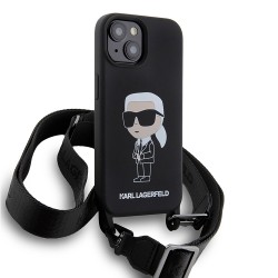 Karl Lagerfeld для iPhone 15 чехол Crossbody Liquid silicone NFT Karl Ikonik +Strap Hard Black