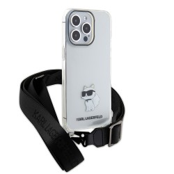 Karl Lagerfeld для iPhone 15 Pro Max чехол Crossbody PC/TPU NFT Choupette + Big Strap Hard Transparent