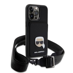 Karl Lagerfeld для iPhone 15 Pro Max чехол Crossbody cardslot PU Saffiano Metal Karl Head Hard Black