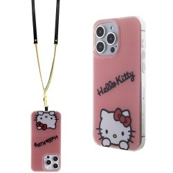 Hello Kitty для iPhone 15 Pro чехол Crossbody PC/TPU Dreaming Kitty + PU Strass strap Hard Pink