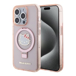 Hello Kitty для iPhone 15 Pro чехол PC/TPU Kitty Head + Ring Stand Hard Glitter Pink (MagSafe)