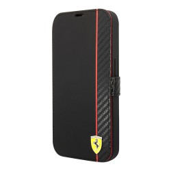 Чехол Ferrari PU Smooth/Carbon Vertical with metal logo Booktype для iPhone 14 Pro Max, черный