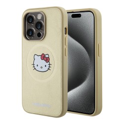 Hello Kitty для iPhone 15 Pro чехол PU Leather Kitty Head Hard Gold (MagSafe)
