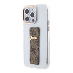 Guess для iPhone 15 Pro чехол GripStand PC/TPU 4G with Script metal logo Hard Clear/Brown