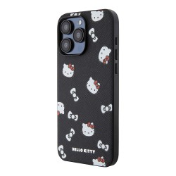 Hello Kitty для iPhone 15 Pro Max чехол PU Saffiano Heads and Bows + Hand strap Hard Black/Red
