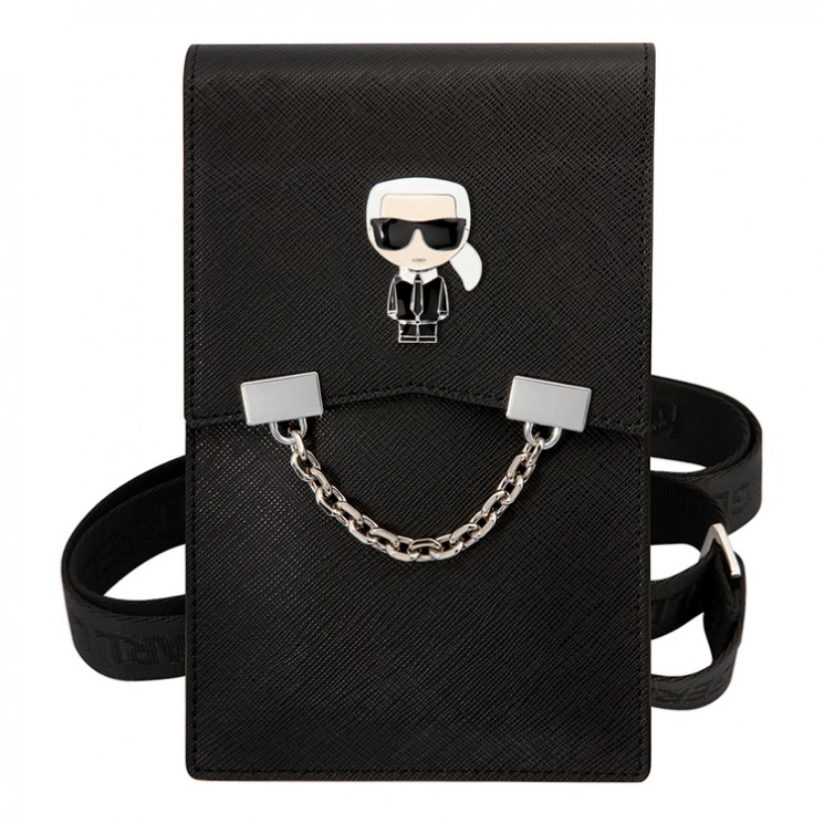 Сумка Karl Lagerfeld Wallet Phone Bag PU Saffiano Metal Ikonik with Chain для смартфонов, черная