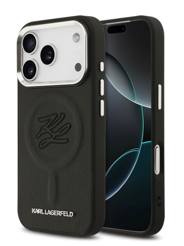 Karl Lagerfeld для iPhone 17 Pro чехол PU Debossed Initials Metal logo & Camera Hard Black (MagSafe)