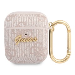 Чехол Guess PU leather 4G metal logo с карабином для Airpods 1/2, розовый