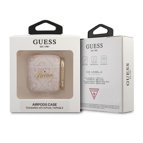 Чехол Guess PU leather 4G metal logo с карабином для Airpods 1/2, розовый