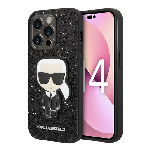 Чехол Lagerfeld Glitter flakes Ikonik patch w Metal logo Hard для iPhone 14 Pro Max, черный