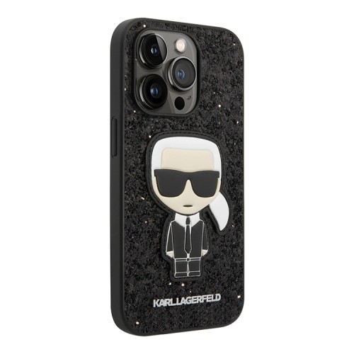 Чехол Lagerfeld Glitter flakes Ikonik patch w Metal logo Hard для iPhone 14 Pro Max, черный