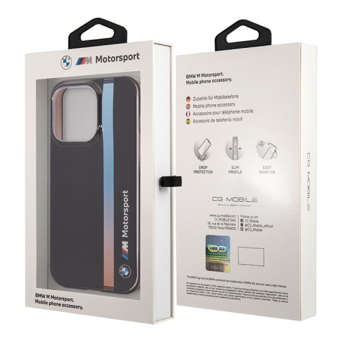 Чехол BMW Motorsport Tricolor Vert Stripe Hard для iPhone 14 Pro Max, черный
