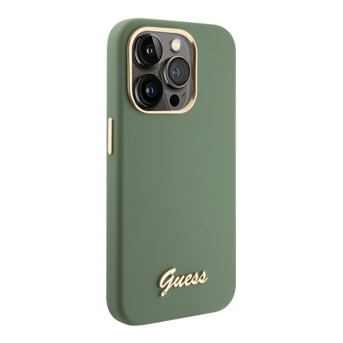 Guess для iPhone 15 Pro чехол Liquid silicone Gold metal logo & Camera frame Hard Khaki