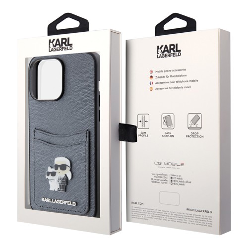 Karl Lagerfeld для iPhone 15 Pro Max чехол Cardslot PU Saffiano NFT Karl & Choupette metal Grey