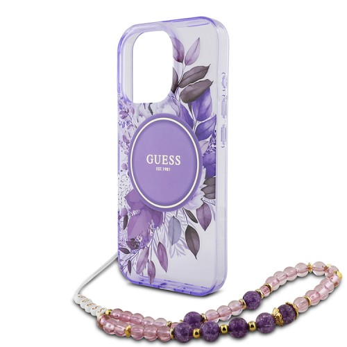 Guess для iPhone 16 Pro Max чехол PC/TPU Flowers + Pearl Hand Strap Puple (MagSafe)