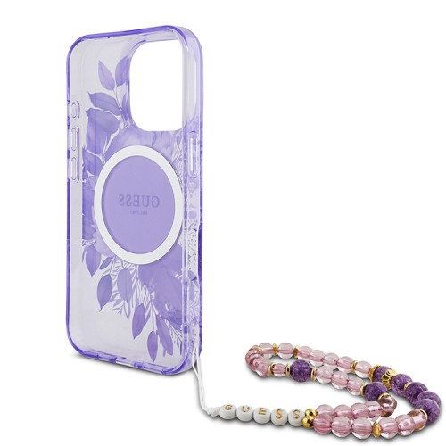 Guess для iPhone 16 Pro Max чехол PC/TPU Flowers + Pearl Hand Strap Puple (MagSafe)