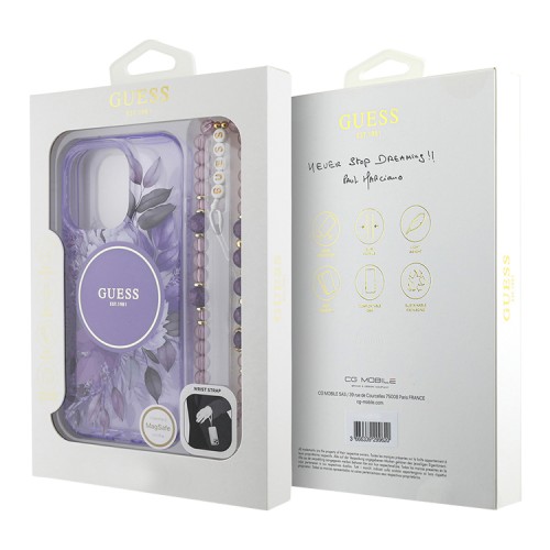 Guess для iPhone 16 Pro Max чехол PC/TPU Flowers + Pearl Hand Strap Puple (MagSafe)