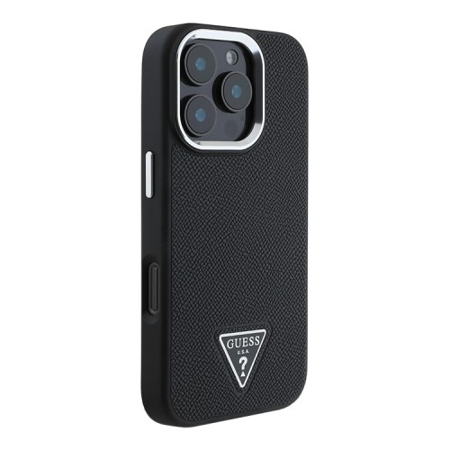 Guess для iPhone 16 Pro Max чехол PU Grained leather Triangle metal logo Hard Black (MagSafe)
