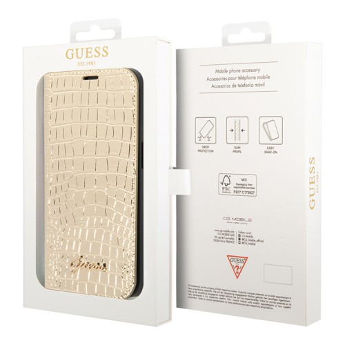 Чехол Guess PU Croco metal logo Booktype для iPhone 14 Pro Max, золотой