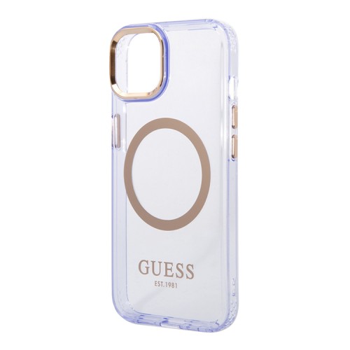 Чехол Guess Metal outline Hard Translucent для iPhone 14, фиолетовый/золотой (MagSafe)