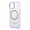 Чехол Guess Metal outline Hard Translucent для iPhone 14, фиолетовый/золотой (MagSafe)