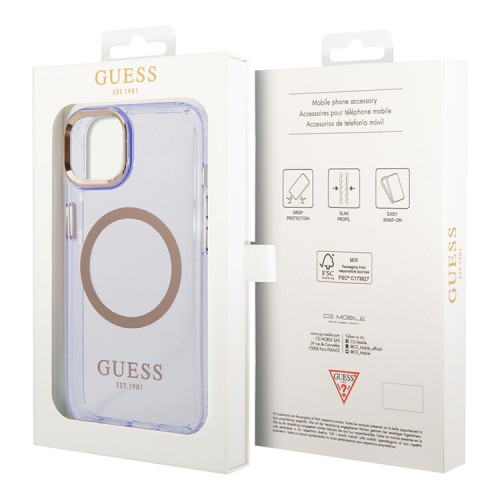 Чехол Guess Metal outline Hard Translucent для iPhone 14, фиолетовый/золотой (MagSafe)