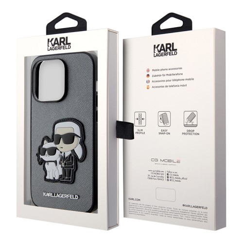 Чехол Lagerfeld PU Saffiano NFT Karl & Choupette Hard для iPhone 14 Pro, серебристый
