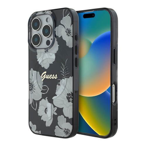 Guess для iPhone 16 Pro Max чехол PC/TPU Flowers Invisible Ring Black (MagSafe)