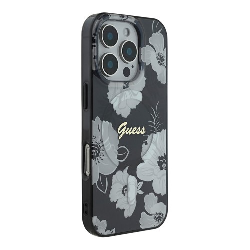 Guess для iPhone 16 Pro Max чехол PC/TPU Flowers Invisible Ring Black (MagSafe)