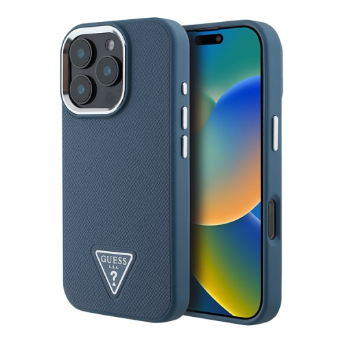 Guess для iPhone 16 Pro Max чехол PU Grained leather Triangle metal logo Hard Blue (MagSafe)