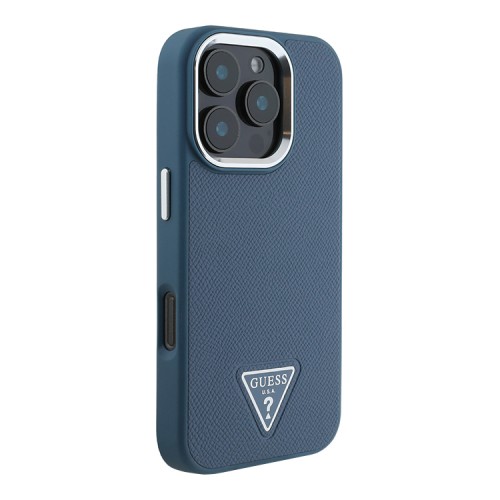 Guess для iPhone 16 Pro Max чехол PU Grained leather Triangle metal logo Hard Blue (MagSafe)