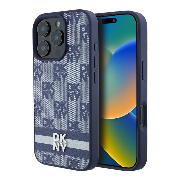 DKNY для iPhone 16 Pro Max чехол PU Checkered Printed stripes Metal logo Hard Blue