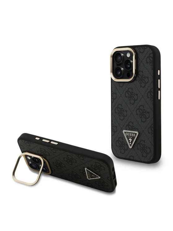 Guess для iPhone 16 Pro чехол PU 4G Triangle metal logo and Camera Stand Hard Black (MagSafe)