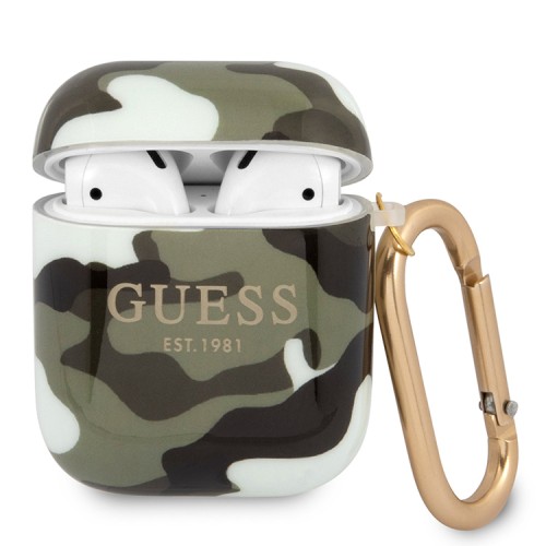 Чехол Guess Camouflage с карабином для Airpods 1/2, зеленый