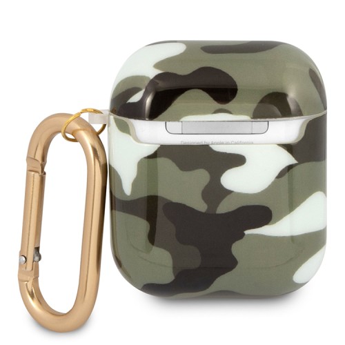 Чехол Guess Camouflage с карабином для Airpods 1/2, зеленый