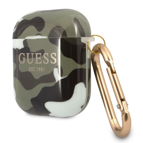 Чехол Guess Camouflage с карабином для Airpods 1/2, зеленый