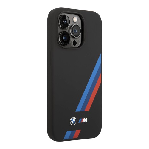 Чехол BMW M-Collection Liquid Silicone Tricolor lines для iPhone 14 Pro, черный