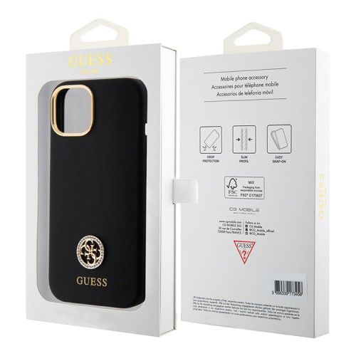 Guess для iPhone 15 чехол Liquid silicone with 4G Diamond metal logo Hard Black