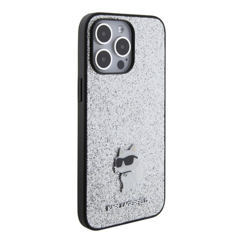 Lagerfeld для iPhone 15 Pro Max чехол Fixed glitters NFT Choupette Metal pin Hard Silver