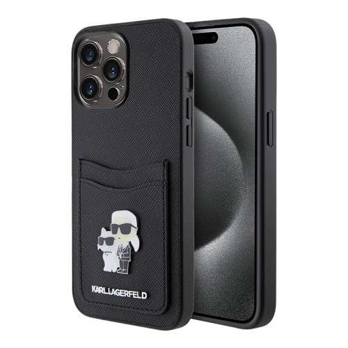 Lagerfeld для iPhone 15 Pro Max чехол Cardslot PU Saffiano NFT Karl & Choupette metal Hard Black
