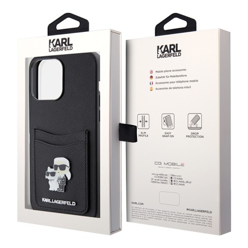 Lagerfeld для iPhone 15 Pro Max чехол Cardslot PU Saffiano NFT Karl & Choupette metal Hard Black