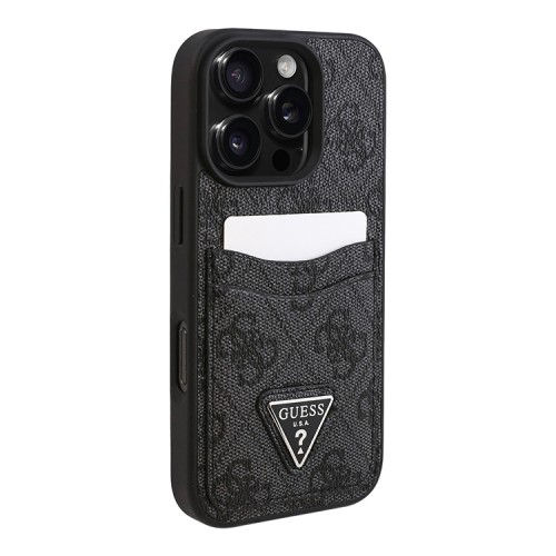 Guess для iPhone 16 Pro чехол PU кожа 4G Double cardslot Triangle metal logo Black