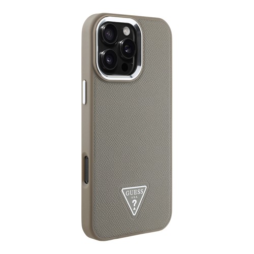 Guess для iPhone 16 Pro Max чехол PU Grained leather Triangle metal logo Hard Brown (MagSafe)