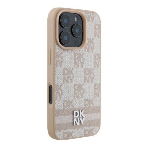 DKNY для iPhone 16 Pro Max чехол PU Checkered Printed stripes Metal logo Hard Pink