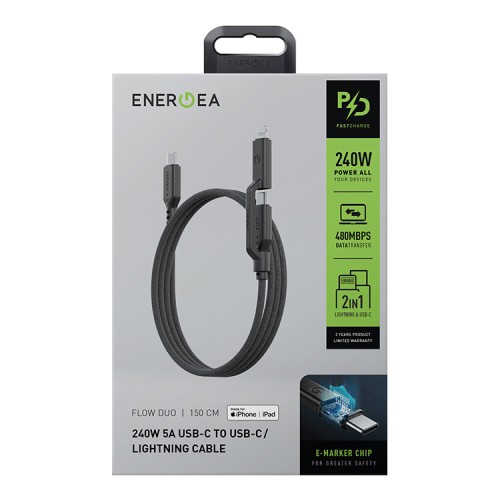 Energea Кабель FLOW Duo USB-C to USB-C PD240W/480Mbps 5A + Lightning MFI 60W Nanoweave Black 1.5m