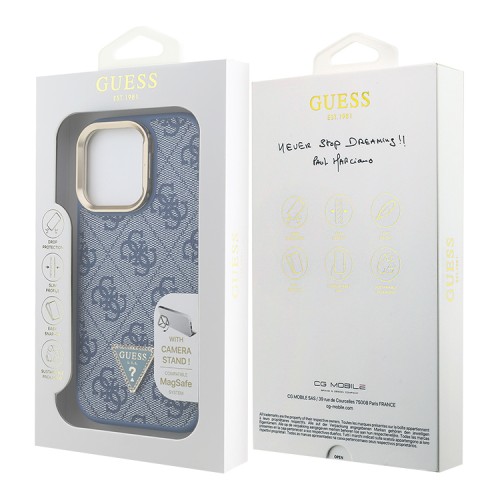 Guess для iPhone 16 Pro чехол PU 4G Triangle metal logo and Camera Stand Hard Blue (MagSafe)
