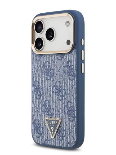 Guess для iPhone 17 Pro чехол PU 4G Triangle Diamond metal logo Gold camera Hard Blue (MagSafe)