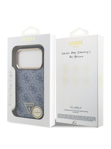 Guess для iPhone 17 Pro чехол PU 4G Triangle Diamond metal logo Gold camera Hard Blue (MagSafe)