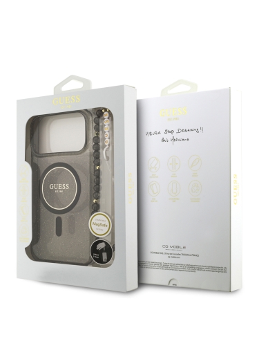Guess для iPhone 17 Pro чехол IML Glitter Hard + Pearl Hand Strap Black (MagSafe)