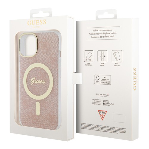 Guess для iPhone 15 чехол PC/TPU 4G Hard Pink/Gold (MagSafe)